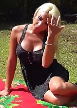 Sexy Blonde Transgirl having a picnic with her cock out